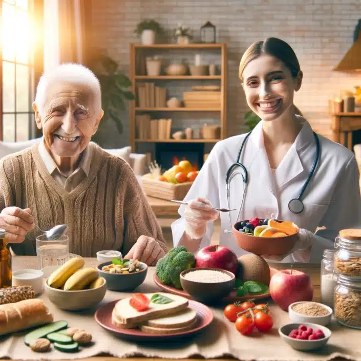 Ein Ernährungsberater bereitet gemeinsam mit einer älteren Person einen gesunden und ausgewogenen Mahlzeit