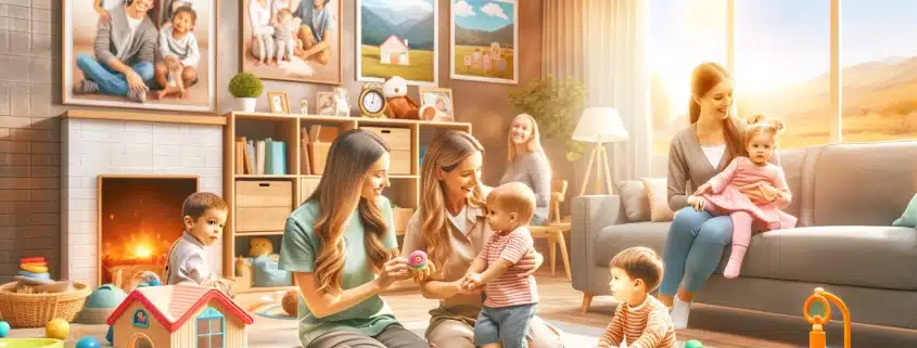 Ein einfühlsamer Betreuer spielt mit Kindern in einer gemütlichen häuslichen Umgebung, unterstützt von Familienmitgliedern, was die Vorteile der Kinderbetreuung zeigt.
